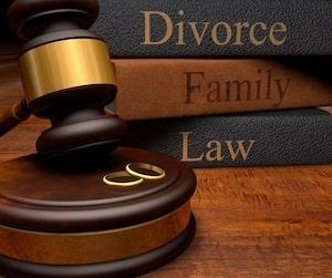 Law books with the words Divorce, Law and family